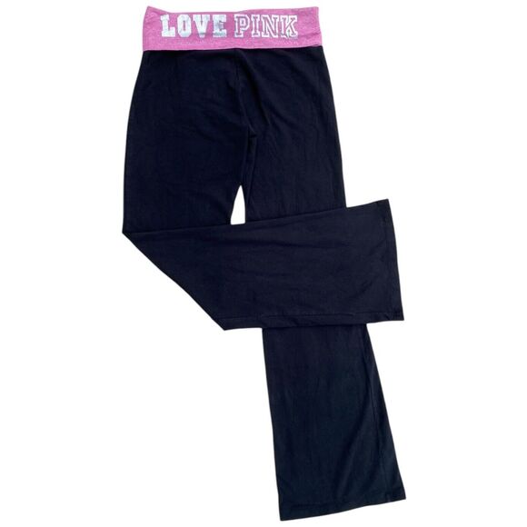 Y2K VS PINK M Foldover Black Flare Leggings Pink Silver Logo Low Rise Vtg - Picture 5 of 15